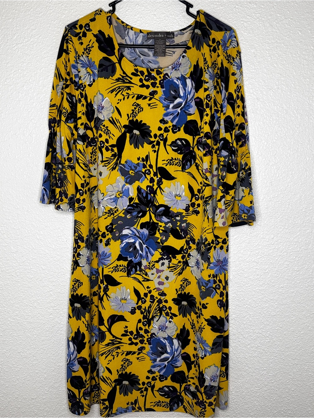 Alexandra K Floral Yellow Midi Dress with Blue Bloom Print